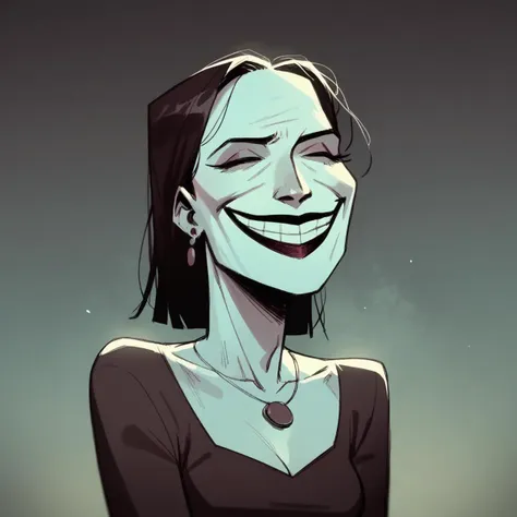 a cartoon drawing of a woman with a creepy smile on her face