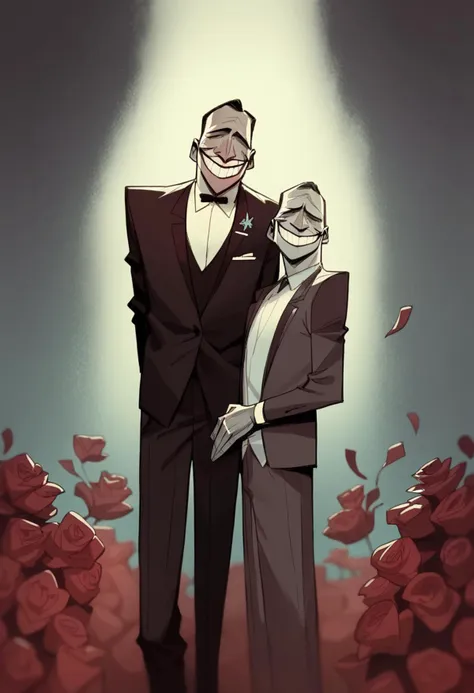 a cartoon of a man and woman dressed in tuxedos standing in a field of roses