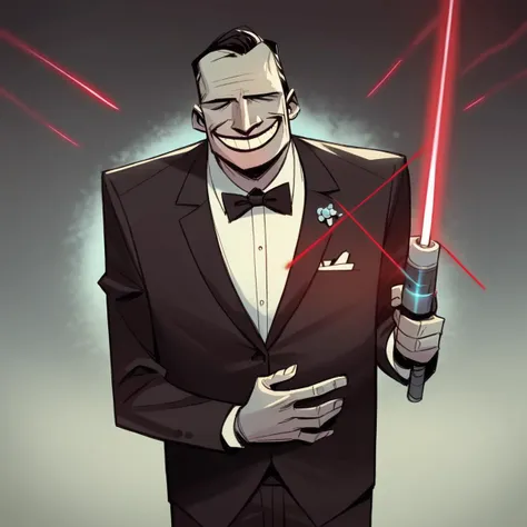 a close up of a cartoon of a man in a suit holding a light saber