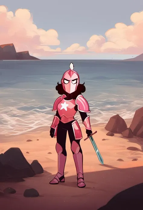 source_cartoon, rating_safe,  <lora:Connie_Maheswaran_for_PonyXL:1>, connie_maheswaran, 1girl, solo, pink plate armor, pink knight helmet, full body, holding sword, standing, on the beach, sunny day, clouds in the sky, ocean, glare, determined, score_9, sc...