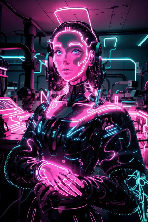 a woman in a futuristic suit stands in a room with neon lights