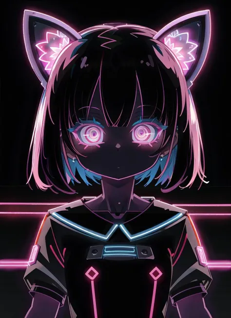 a girl with pink eyes and a cat ears stands in front of a neon background