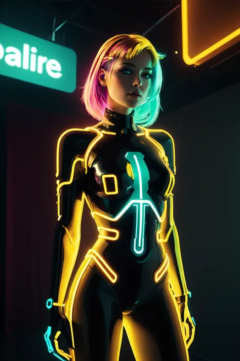 a woman in a neon suit stands in front of a neon sign