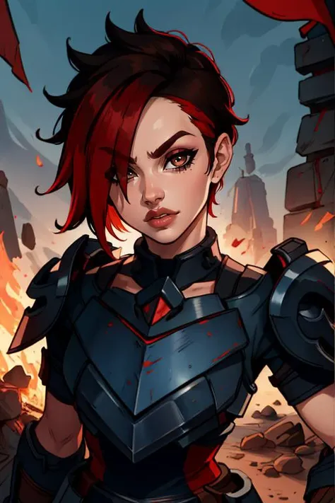 masterpiece,best quality,extreme detail,8k,image sharpness,<lora:ash:0.8>, ash2,1girl,solo,looking at viewer,short hair,black hair,brown eyes,upper body,red hair,multicolored hair,armor,hair over one eye,two-tone hair,lips,makeup,lipstick,shoulder armor,pa...