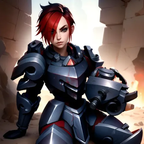 (masterpiece), (best quality),
detailed face, detailed eyes, 1girl, solo,
ash2, looking at viewer,short hair,sitting,weapon,red hair,multicolored hair,armor,hair over one eye,power armor,<lora:ash-10:0.8>