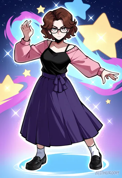 a cartoon drawing of a woman in a purple dress and glasses