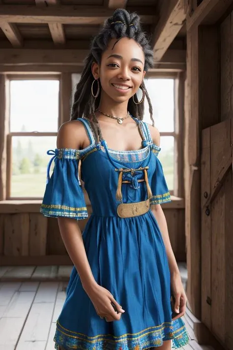 a portrait photo of ChynaUniq, smiling, blue dreads, ((((folk dress)))), Ukrainian dress, pronounced feminine feature, insane details, intricate details, hyperdetailed, complex background, medieval tavern, indoor, in the style of greg fredericks