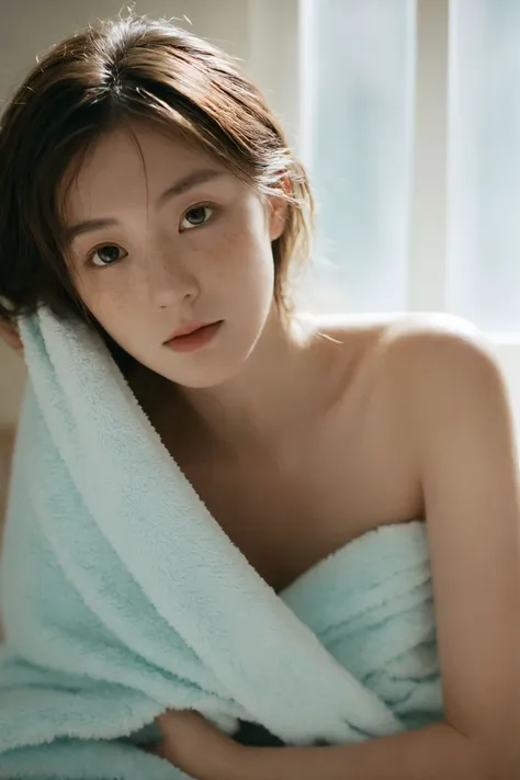 a close up of a woman wrapped in a towel on a bed