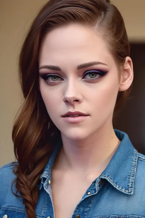 beautiful woman, [kristen stewart], ([twin drills], [denim dress]), realistic, colorful makeup, close up,