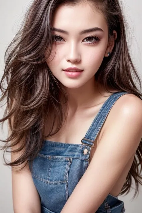 18 years old girl, beautiful woman, (cute:1.3), (([Brown hair], [blowout], [pinafore dress])), lips, realistic, narrow waist, colorful makeup, long eyelashes, pale skin, (cute), (detailed face), (detailed teeth), (detailed eyes), (detailed iris),,   <lora:...