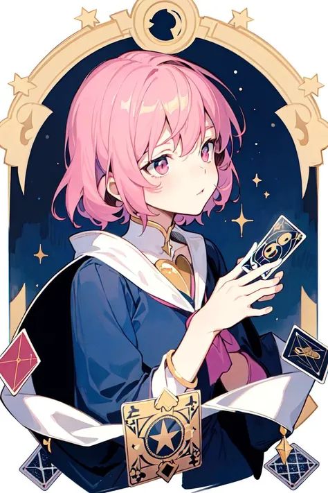 ((masterpiece:1.2, best quality)), 1aldy, solo, (magical girl, Magic stick), (Alphonse Mucha:1.1), pink hair, upper body, (front facing, Looking straight ahead), (tarot:1.3), dark, night, (sky), dark cloude, star, milky way