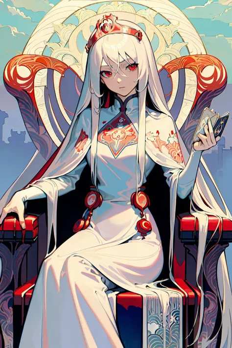 ((masterpiece:1.2, best quality)), 1aldy, solo, (the empress:1.15), platinum blonde, long hair, red cape, white dress, queen dress, aurora, (sunshine, sky, river, forest), expressionless, red eyes, very long hair, (art nouveau:1.4), (tarot:1.3), alphonse m...