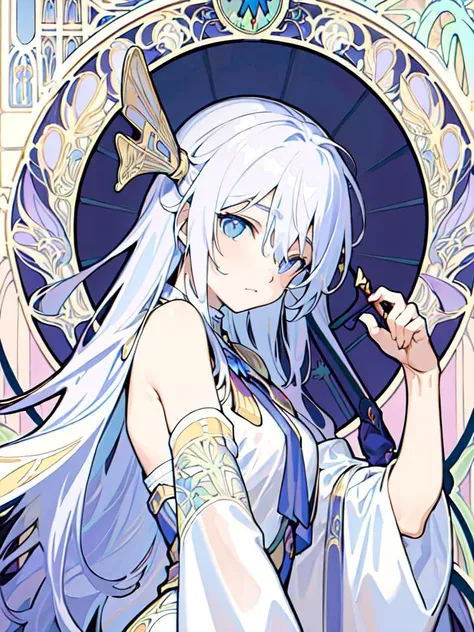 ((masterpiece:1.2, best quality)), 1aldy, solo, (wizard hat:1.2), magic wand, (Art Nouveau:1.4), Alphonse Mucha, upper body