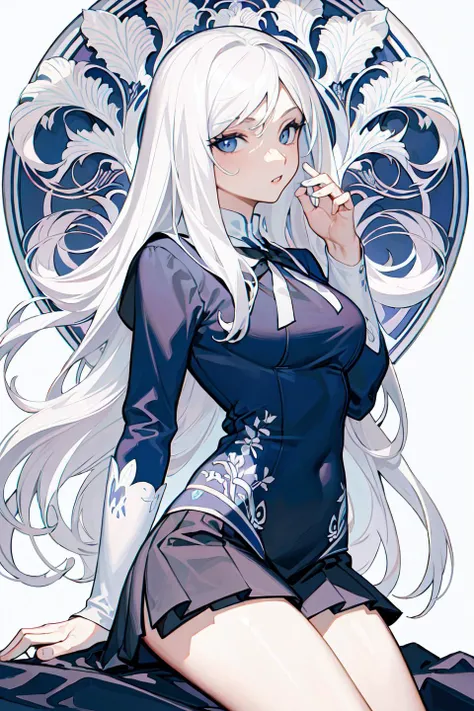 ((masterpiece:1.2, best quality)), 1aldy, solo, (school uniform), platinum blonde, long hair, (art nouveau:1.3)