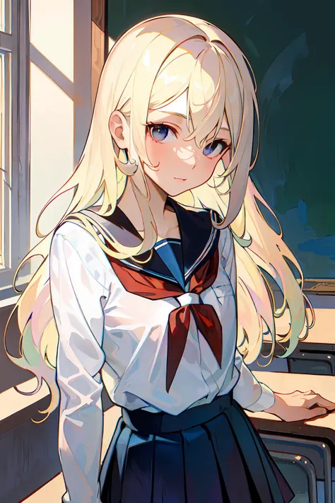((masterpiece:1.2, best quality)), 1aldy, solo, (school uniform), platinum blonde, long hair, (Alphonse Mucha:1.1)