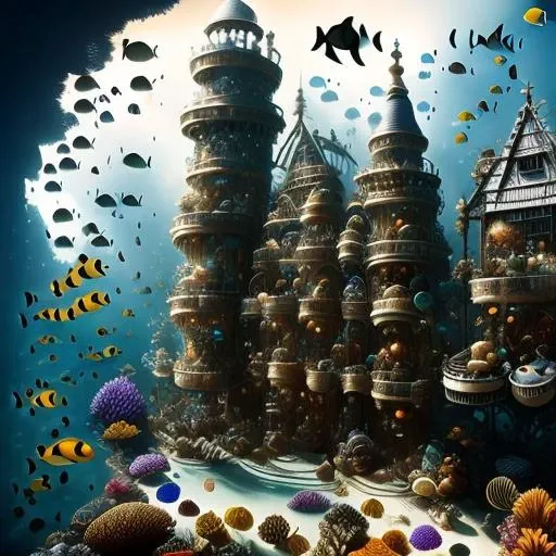 there is a castle made of metal and surrounded by fish