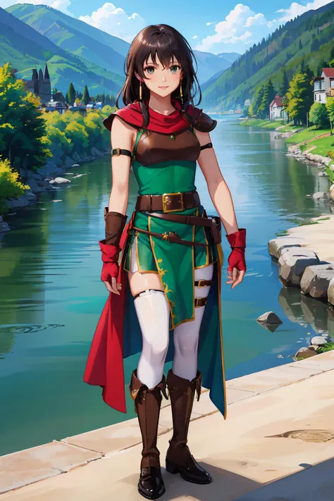 <lora:mareetaV1-000014:0.8> def_mareeta, white pants ,brown shoulder armor, red fingerless gloves, brown footwear, belt, earrings, jewelry, scarf, brown breastplate, green dress, knee boots, black elbow gloves, pauldrons, thigh strap, sleeveless, red scarf...