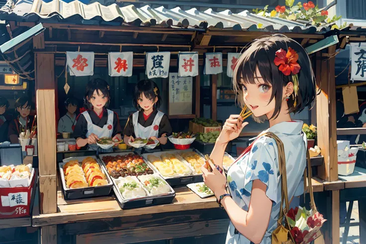 anime girl in a blue dress standing in front of a food stand