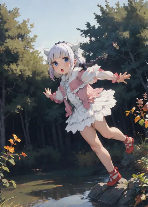 anime girl in a white dress jumping over a pond