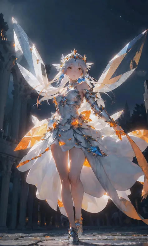 ((full-body)), (a beautiful crystal-spear holding-hands white-armored white-silk-skirt silver-long-greaves orange-wings glass-headpiece blue-hair beautiful amber-yellow-eyes calm-face girl), bokeh, in-the-ruins outdoors, dawn-sky,