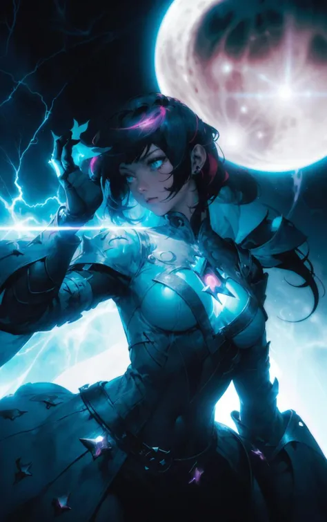 1girl, Metal pin, magic the gathering artwork, Lens Flare, Low Contrast, Gel lighting, Collage, Albumen, Moonlight, Ludicrous Welsh Female [Vulcan|Cookie Lyon], Two-Tone hair, Monochromatic Teal filter, Polychromatic, volumetric lighting, Fuchsia lightning...