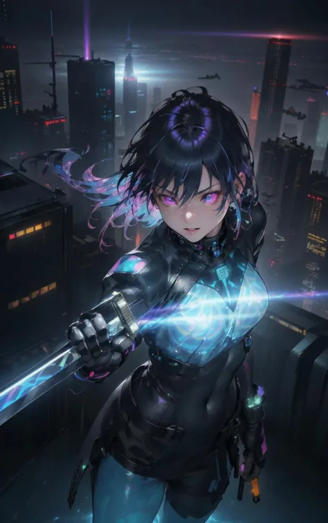 best quality,ultra-detailed,photorealistic,1girl,young swordswoman,slim body, holding a glowing katana,futuristic cyberpunk night city,on top of a skyscraper,outfit blending futuristic technology , night sky,(guardian of the city:1.2), gacha splash,(harsh ...