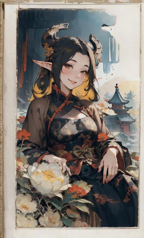 layered textures, Smirking, Single Color, Joyful, Frightening, Calotype, Deeply Thoughtful hefty Yuan Dynasty Female High elf, Attending concerts, Gold hair styled as Side-swept curls, bloom, Offset print, Abstract Art, Guilty, Oversaturated, Depressing