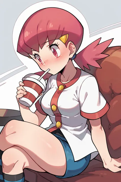 anime girl with red hair and a white shirt holding a drink