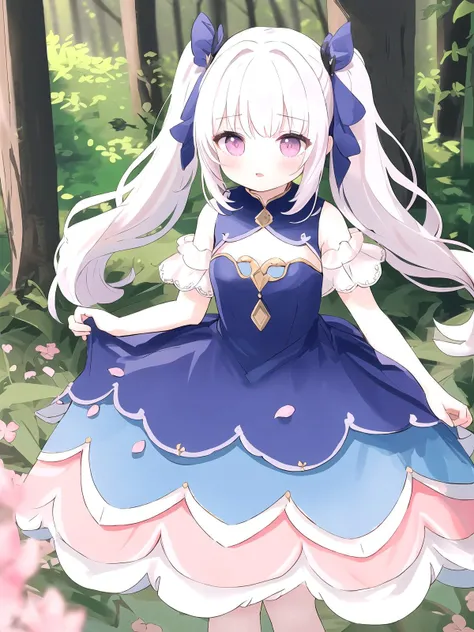 pink PetalDress, white hair, long hair, pigtails, in a magical forest, <lora:SN-PetalDress:1>