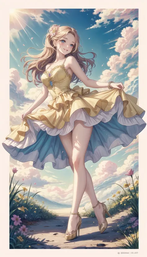 cute art, pastel colors, knee length skirt, PetalDress, professional art of a cute girl, 
wearing in a PetalDress, maxi dress, flowers on the dress, hight heels, 
sapphire eyes, lightblue eyes, long blond hair, 
candymagic, vibrant, sugary aura, 
<lora:PAs...