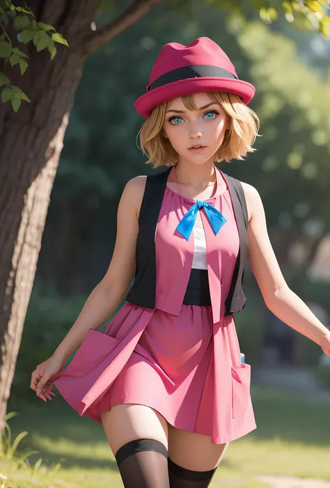 blond woman in pink dress and hat walking down a path