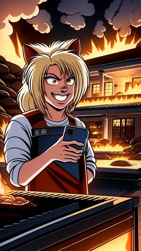 anime character with a cat ear and a cell phone in front of a fire