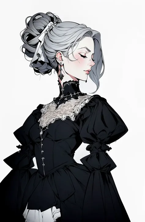 Gothic style, dark series, character standing painting, 1girl, solo, dress, jewelry, earrings, black dress, white background, gloves, simple background, white gloves, closed eyes, long sleeves, grey hair, puffy sleeves, closed mouth, hair bun, cowboy shot<...