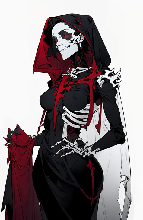 Gothic style, dark series, character standing painting, 1girl, solo, spine, white background, skeleton, simple background, red eyes, hand on hip, veil, earrings, black hair, short hair, bone, jewelry, breasts, looking at viewer, mechanical arms, standing, ...