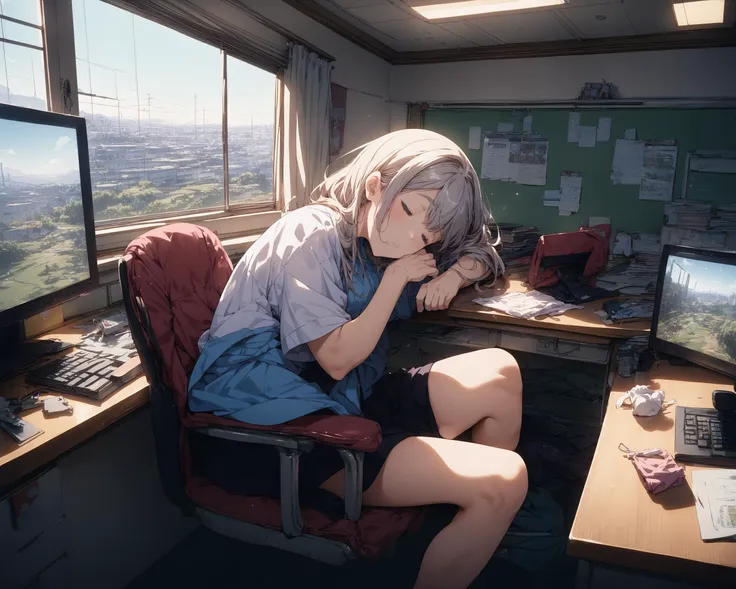 anime girl sitting at a desk with a computer and a monitor