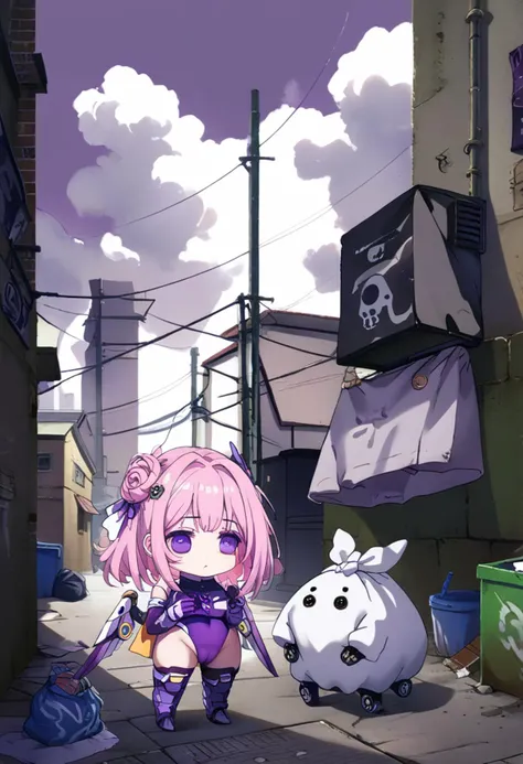 score_9,score_8_up,score_7_up,source_comic,1girl,facing viewer,full body,<lora:Doro_X_PDXL_V1:0.9>,doro,creature,:3,chibi,pink hair,purple eyes,hair bun,hair bow,no humans,white skin,solid circle eyes,no pupils,ruanyi0675,power lines,industrial pipe,air co...