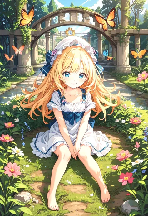 <lora:score9DoraForPony_v20:1>,
(((supermodel-studio-style))), absurdres,
close portrait of a cute child girl in a summer dress with a white brimmed hat against the bright sun sitting on grass amidst beautiful flowers with a butterfly on her hand, smiling ...