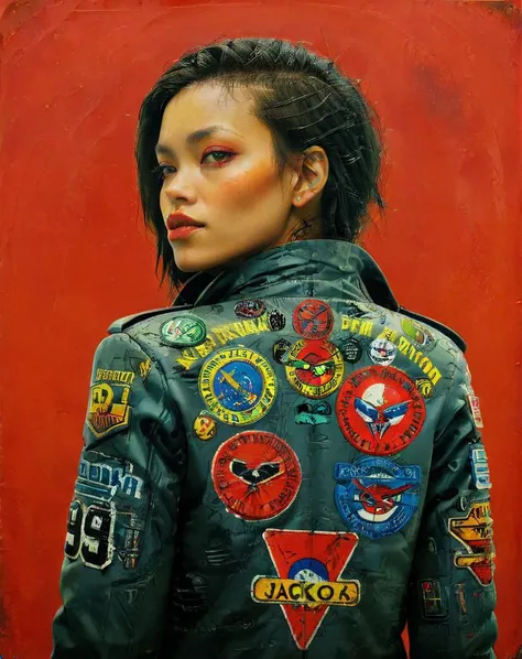 a close up of a woman wearing a leather jacket with patches on it