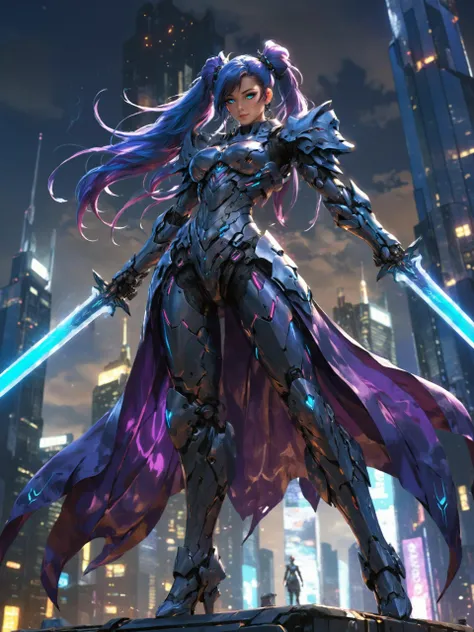 a woman in a futuristic outfit stands on a platform with a sword