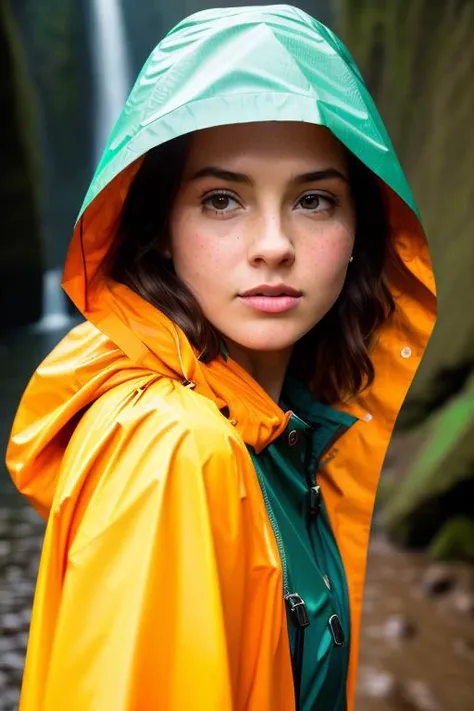 analog style photo, ((raincoat)), springtime, waterfall background, hiking clothes, (high detailed skin:1.2), 8k uhd, dslr, cinematic lighting, high quality, film grain, Fujifilm XT3, Brie_LastName