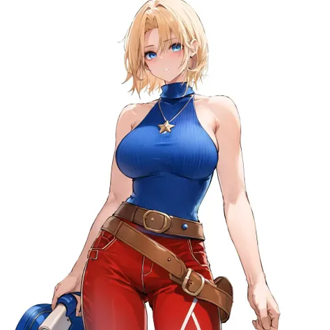 ((masterpiece, best quality;1.3)), ultra detailed, 1girl, blonde hair, big breast, blue eyes, medium short hair, blush, bare shoulders, belt,cowboy shot, maryms, red turtleneck, turtleneck, baggy pants, (blue pants), taut clothes, dishwasher1910, <lora:dis...