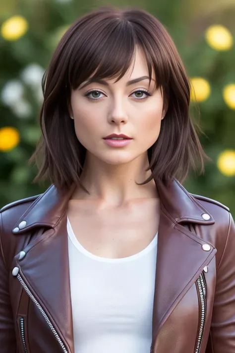 A full-length professional photograph of a tall skinny supermodel ZOE_VOSS3:1 wearing a leather jacket and lycra shorts. shirtless. very short hair, pixie haircut. heavy makeup, blusher, detailed face, detailed teeth, eye contact. (8k, RAW photo, best qual...