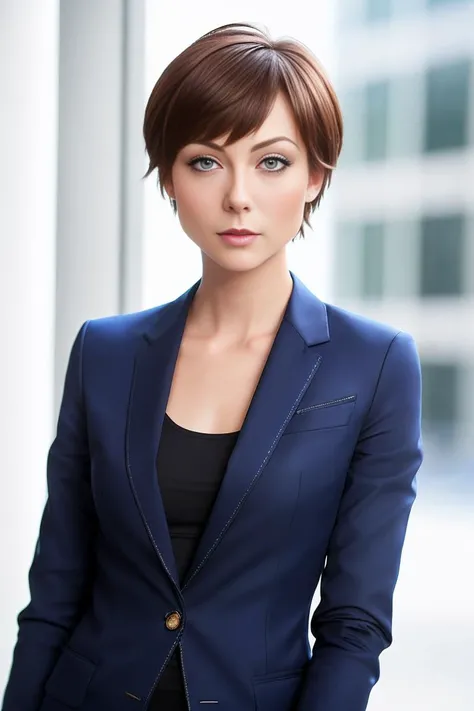 A professional photograph of a tall skinny supermodel ZOE_VOSS2:1 wearing a suit jacket in a modern office. very short hair, heavy makeup. blusher ((detailed face)), detailed teeth, eye contact. sharp features, high cheekbones. slim:1.3, skinny:1.4, (8k, R...