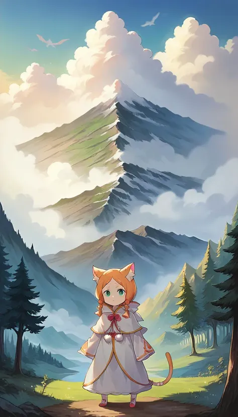 a cartoon cat standing in front of a mountain with a sky background