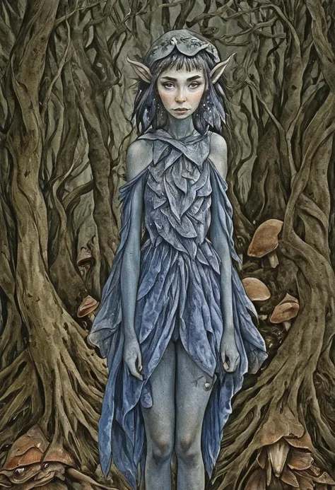 a detailed watercolor portrait of a female elf with a quirky and playful appearance. the elf has fine features, with pointy ears...