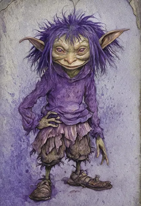 a highly detailed watercolor painting of a fantasy creature, resembling a goblin with exaggerated features such as large eyes an...