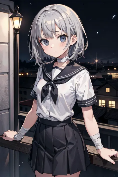 <lyco:GoodHands:1.0>, <lora:add_detail:0.3>, (masterpiece), best quality, dim lighting, night, town, 1girl, solo, small breasts, medium hair, grey hair, bandaged head, school uniform, black skirt