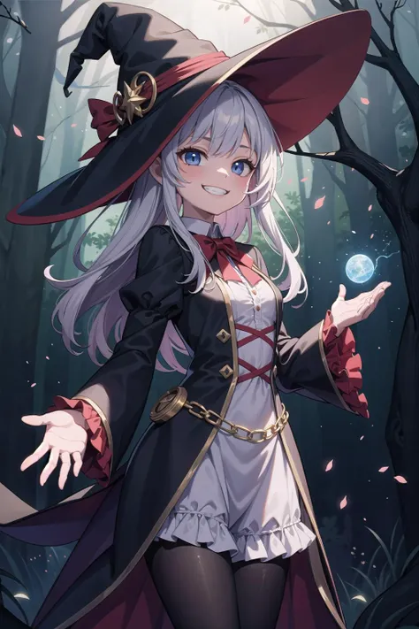 (masterpiece),  fantasy,  1girl,  dress,  frills,  witch hat,  grin,  (magic:1.2),  glowing,  light particles