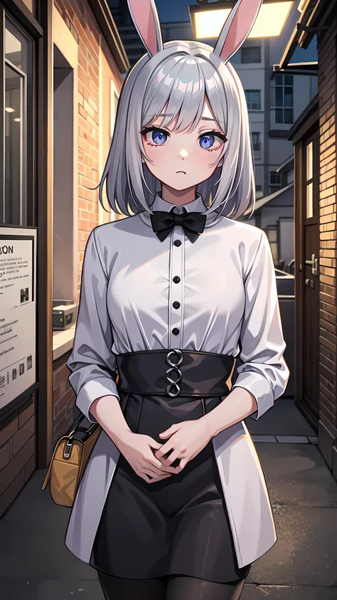 <lyco:GoodHands-beta2:1.0>, (masterpiece), best quality, high resolution, extremely detailed, detailed background, cinematic lighting, outdoor, 1girl, medium hair, silver hair, bunny ears