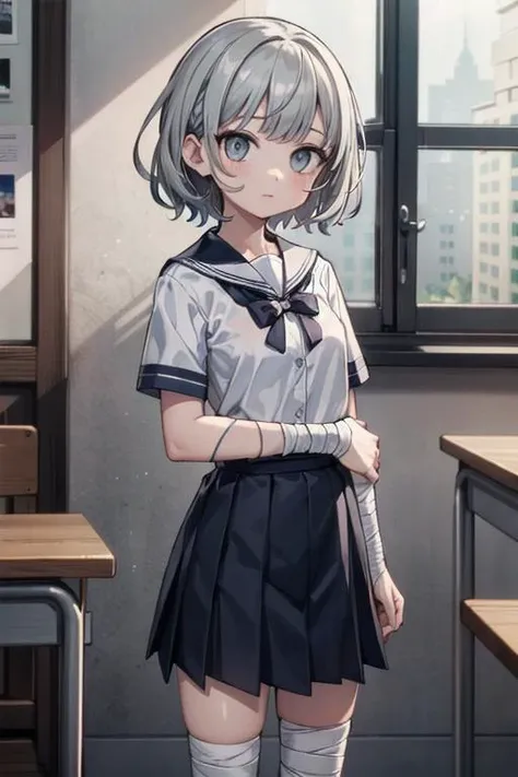 <lora:add_detail:0.3>, (masterpiece), best quality, dim lighting, 1girl, solo, small breasts, medium hair, grey hair, grey eyes, (bandaged head:1.2), school uniform, standing